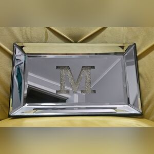 Mirrored Rectangular Jewelry Tray w/ Silver Glittery M Monogram Accent- 12" X 7"